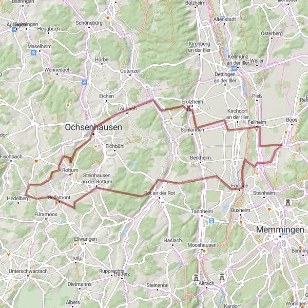 Karten-Miniaturansicht der Radinspiration "Heimertingen und Kapellenberg Gravelroute" in Schwaben, Germany. Erstellt vom Tarmacs.app-Routenplaner für Radtouren