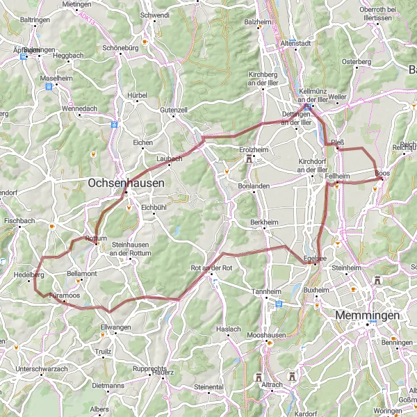 Karten-Miniaturansicht der Radinspiration "Graveltour nach Fellheim und zurück" in Schwaben, Germany. Erstellt vom Tarmacs.app-Routenplaner für Radtouren