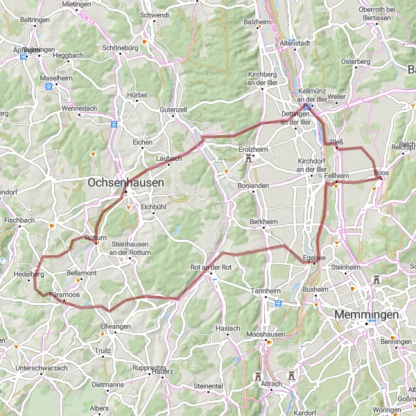 Map miniature of "Scenic Gravel Loop" cycling inspiration in Schwaben, Germany. Generated by Tarmacs.app cycling route planner