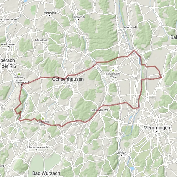 Map miniature of "Fellheim to Eberhardzell Loop" cycling inspiration in Schwaben, Germany. Generated by Tarmacs.app cycling route planner
