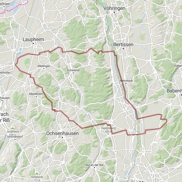 Karten-Miniaturansicht der Radinspiration "Fellheim und Kellmünz Rundstrecke" in Schwaben, Germany. Erstellt vom Tarmacs.app-Routenplaner für Radtouren