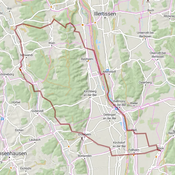 Map miniature of "Fellheim to Schwendi Gravel Loop" cycling inspiration in Schwaben, Germany. Generated by Tarmacs.app cycling route planner