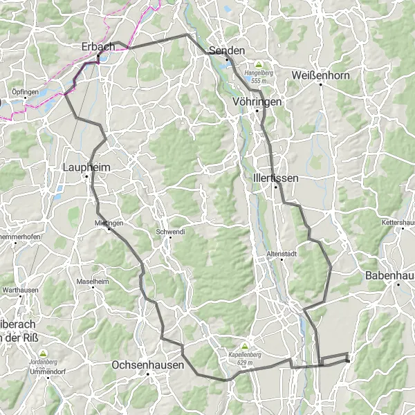 Map miniature of "The Road to Boos" cycling inspiration in Schwaben, Germany. Generated by Tarmacs.app cycling route planner
