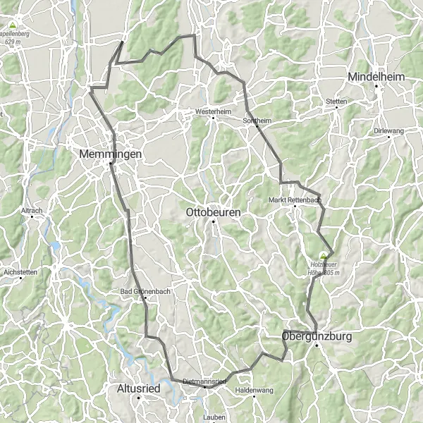 Karten-Miniaturansicht der Radinspiration "Rundfahrt von Boos nach Erkheim und zurück" in Schwaben, Germany. Erstellt vom Tarmacs.app-Routenplaner für Radtouren