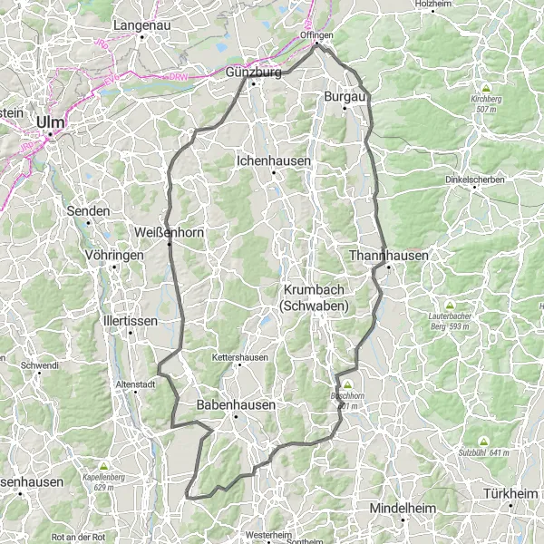 Karten-Miniaturansicht der Radinspiration "Große Rundfahrt durch Osterberg und Günzburg" in Schwaben, Germany. Erstellt vom Tarmacs.app-Routenplaner für Radtouren