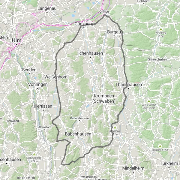 Map miniature of "Osterberg to Niederrieden Discoveries" cycling inspiration in Schwaben, Germany. Generated by Tarmacs.app cycling route planner