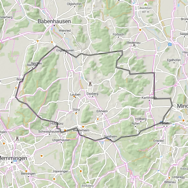 Map miniature of "Oberschönegg Loop" cycling inspiration in Schwaben, Germany. Generated by Tarmacs.app cycling route planner
