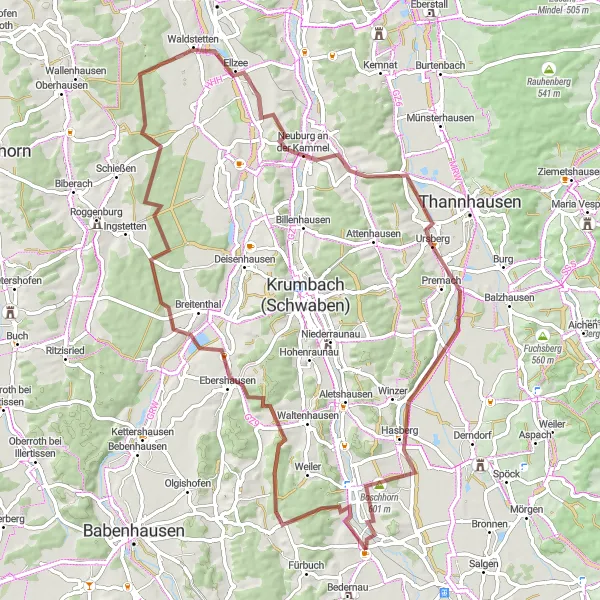 Map miniature of "Ursberg Gravel Adventure" cycling inspiration in Schwaben, Germany. Generated by Tarmacs.app cycling route planner