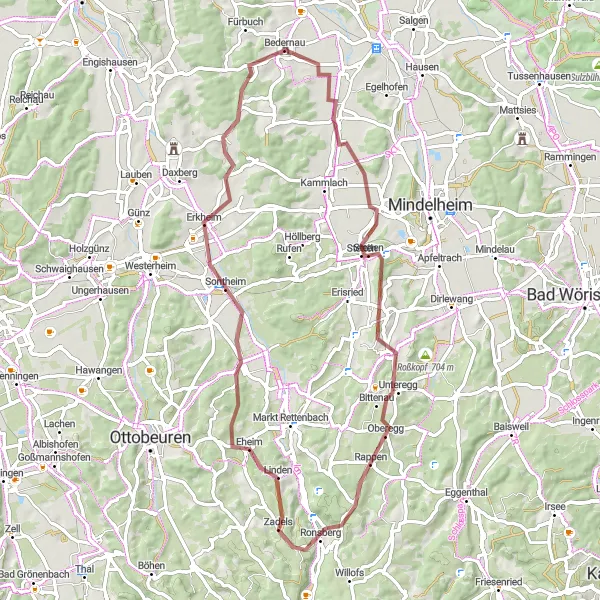 Map miniature of "Holzheuer Hills Gravel Expedition" cycling inspiration in Schwaben, Germany. Generated by Tarmacs.app cycling route planner