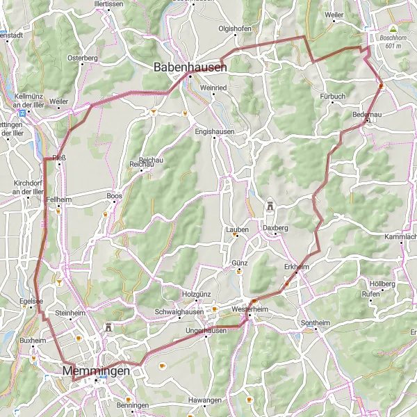 Map miniature of "Erkheim - Loppenhausen Gravel Odyssey" cycling inspiration in Schwaben, Germany. Generated by Tarmacs.app cycling route planner