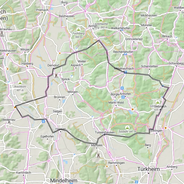 Map miniature of "Kirchheim in Schwaben Loop" cycling inspiration in Schwaben, Germany. Generated by Tarmacs.app cycling route planner