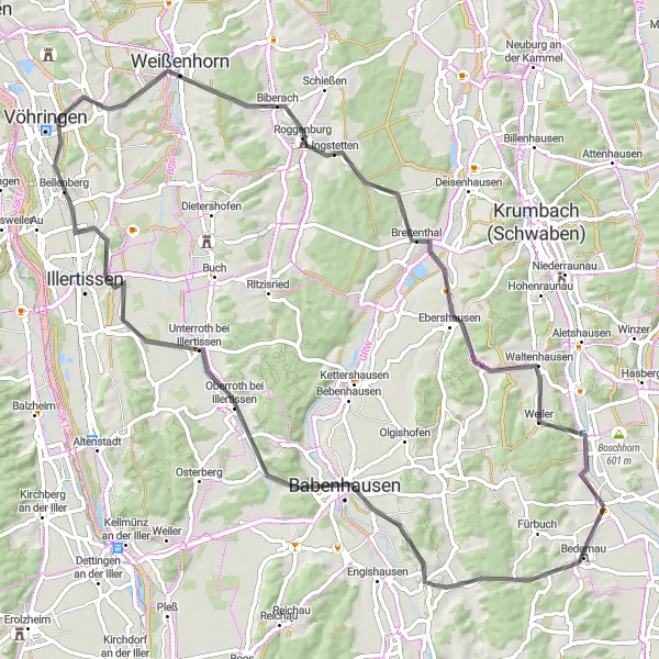 Map miniature of "Oberschönegg to Weiler Loop" cycling inspiration in Schwaben, Germany. Generated by Tarmacs.app cycling route planner