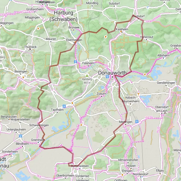 Map miniature of "The Donauwörth Loop" cycling inspiration in Schwaben, Germany. Generated by Tarmacs.app cycling route planner