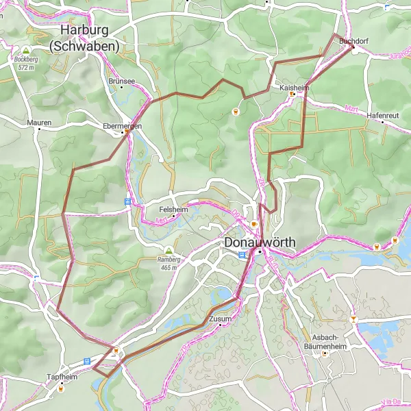 Map miniature of "The Donaumünster Ride" cycling inspiration in Schwaben, Germany. Generated by Tarmacs.app cycling route planner