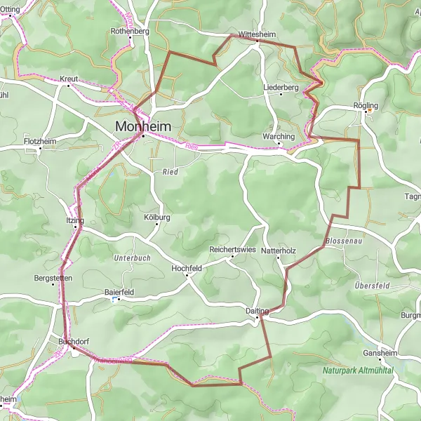 Map miniature of "The Monheim Ride" cycling inspiration in Schwaben, Germany. Generated by Tarmacs.app cycling route planner
