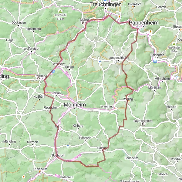 Map miniature of "The Otting Discovery Ride" cycling inspiration in Schwaben, Germany. Generated by Tarmacs.app cycling route planner