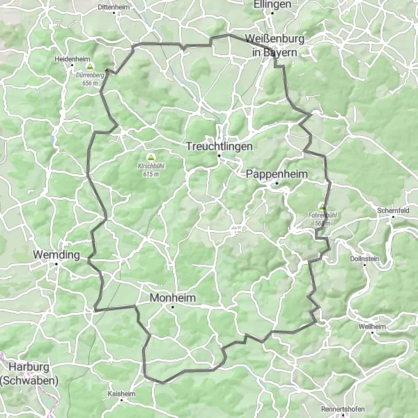 Map miniature of "Bavarian Countryside Escape" cycling inspiration in Schwaben, Germany. Generated by Tarmacs.app cycling route planner