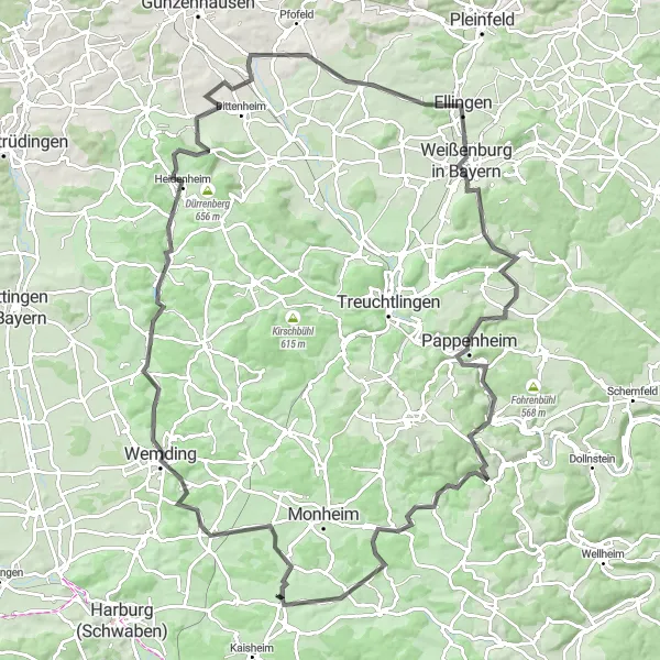 Map miniature of "Romantic Road Adventure" cycling inspiration in Schwaben, Germany. Generated by Tarmacs.app cycling route planner