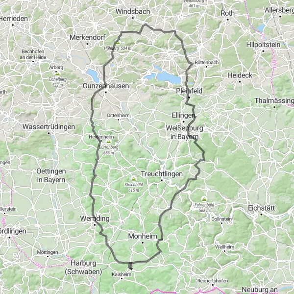 Map miniature of "Splendors of Franconia" cycling inspiration in Schwaben, Germany. Generated by Tarmacs.app cycling route planner