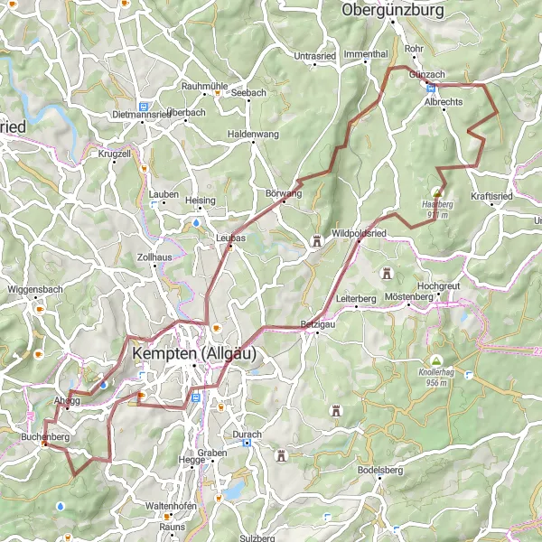 Map miniature of "Günzach and Wildpoldsried Circuit" cycling inspiration in Schwaben, Germany. Generated by Tarmacs.app cycling route planner