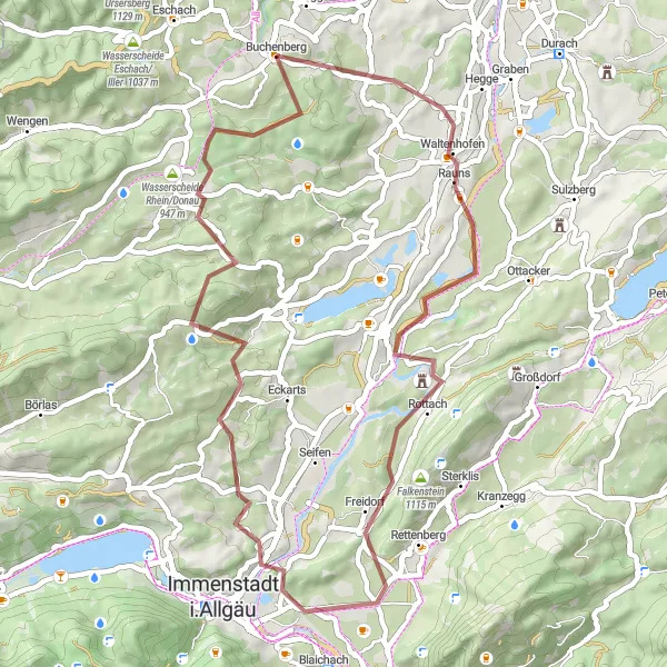 Map miniature of "Exploring Waltenhofen and Ettensberg" cycling inspiration in Schwaben, Germany. Generated by Tarmacs.app cycling route planner