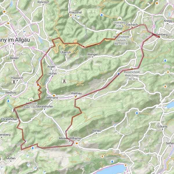 Map miniature of "Rhein/Donau Watershed Adventure" cycling inspiration in Schwaben, Germany. Generated by Tarmacs.app cycling route planner