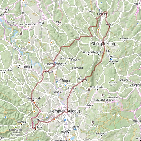 Map miniature of "Bavarian Countryside Adventure" cycling inspiration in Schwaben, Germany. Generated by Tarmacs.app cycling route planner