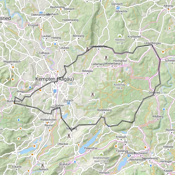 Map miniature of "Scenic Route to Kempten and Sulzberg" cycling inspiration in Schwaben, Germany. Generated by Tarmacs.app cycling route planner