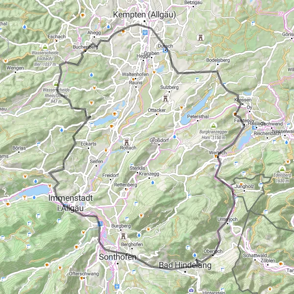 Map miniature of "Allgäuer Panoramaroute" cycling inspiration in Schwaben, Germany. Generated by Tarmacs.app cycling route planner