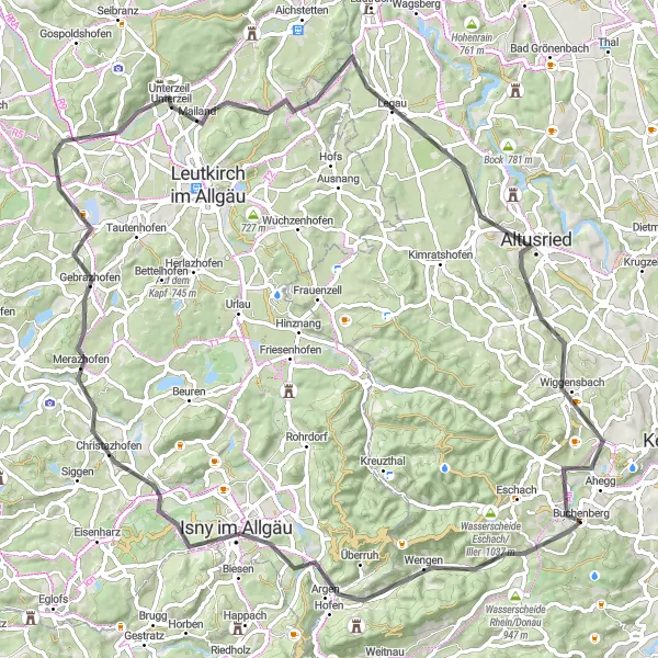 Map miniature of "Allgäuer Hügelrunde" cycling inspiration in Schwaben, Germany. Generated by Tarmacs.app cycling route planner