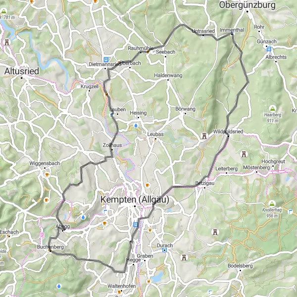 Map miniature of "Buchenberg and Surrounding Gravel Route" cycling inspiration in Schwaben, Germany. Generated by Tarmacs.app cycling route planner