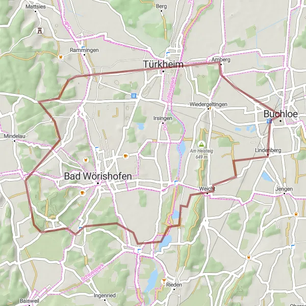 Map miniature of "Türkheim Gravel Adventure" cycling inspiration in Schwaben, Germany. Generated by Tarmacs.app cycling route planner
