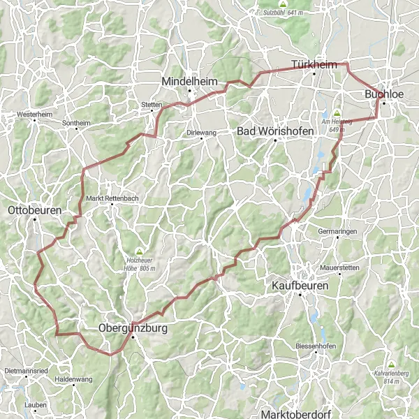 Map miniature of "Gravel Adventure to Hochfirst" cycling inspiration in Schwaben, Germany. Generated by Tarmacs.app cycling route planner