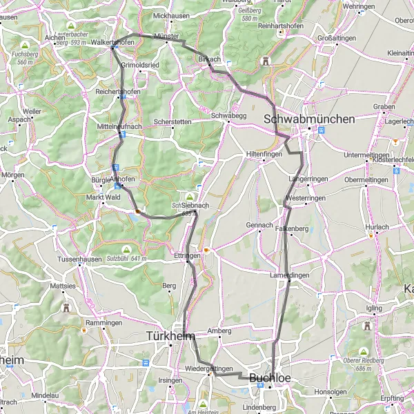 Map miniature of "Ettringen Exploration" cycling inspiration in Schwaben, Germany. Generated by Tarmacs.app cycling route planner