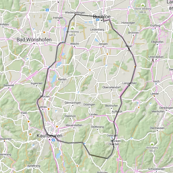 Map miniature of "Waal Castle Loop" cycling inspiration in Schwaben, Germany. Generated by Tarmacs.app cycling route planner