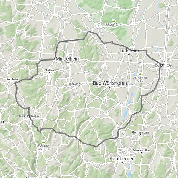 Map miniature of "Pforzen Adventure Ride" cycling inspiration in Schwaben, Germany. Generated by Tarmacs.app cycling route planner