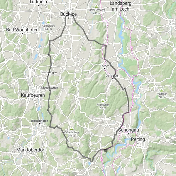Map miniature of "Unterdießen Grand Tour" cycling inspiration in Schwaben, Germany. Generated by Tarmacs.app cycling route planner