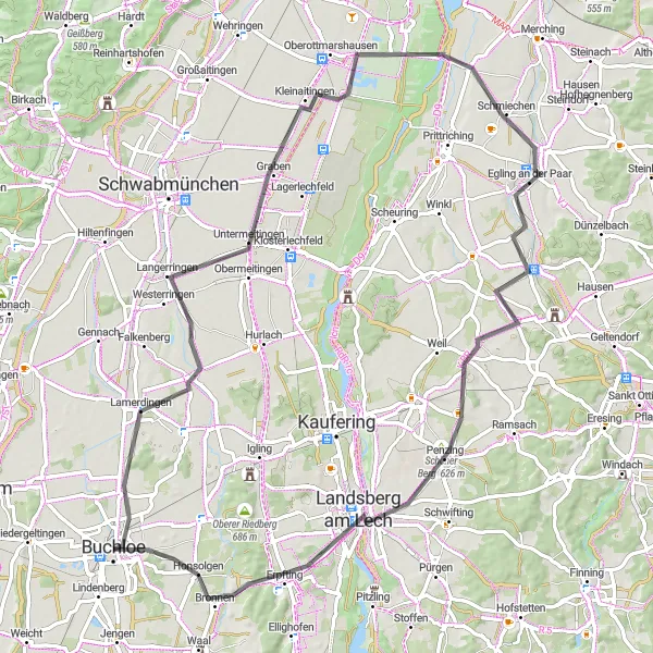 Map miniature of "Langerringen Loop" cycling inspiration in Schwaben, Germany. Generated by Tarmacs.app cycling route planner