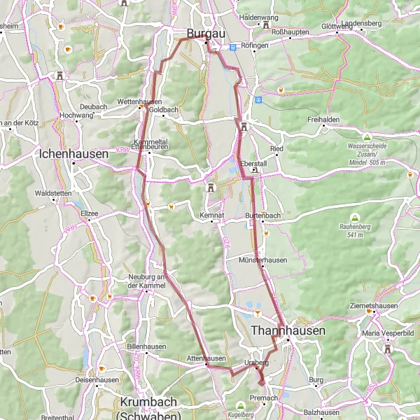 Map miniature of "Burtenbach Gravel Adventure" cycling inspiration in Schwaben, Germany. Generated by Tarmacs.app cycling route planner
