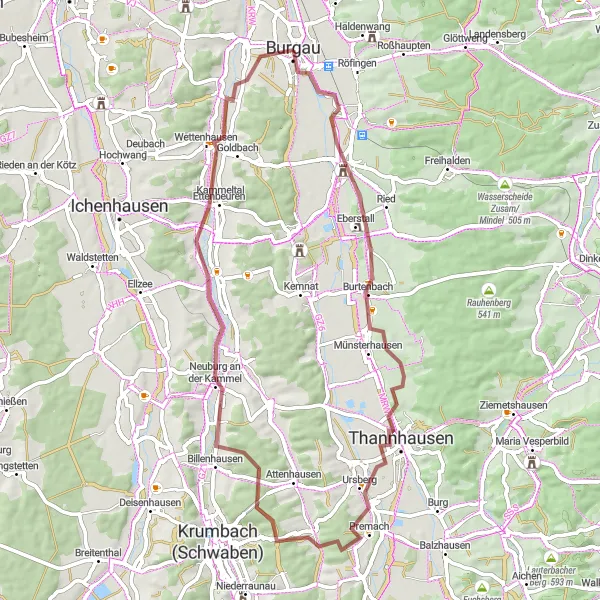 Karten-Miniaturansicht der Radinspiration "Burtenbach Erkundungstour" in Schwaben, Germany. Erstellt vom Tarmacs.app-Routenplaner für Radtouren