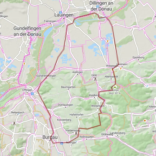 Map miniature of "Gundremmingen Gravel Loop" cycling inspiration in Schwaben, Germany. Generated by Tarmacs.app cycling route planner
