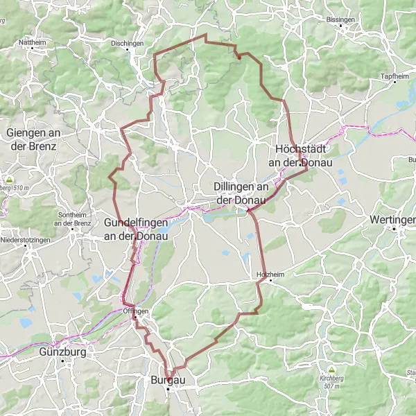 Map miniature of "Gundelfingen Gravel Expedition" cycling inspiration in Schwaben, Germany. Generated by Tarmacs.app cycling route planner