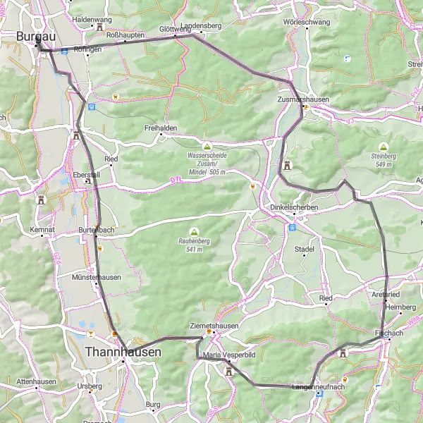 Map miniature of "Road Cycling in Röfingen and Fischach" cycling inspiration in Schwaben, Germany. Generated by Tarmacs.app cycling route planner