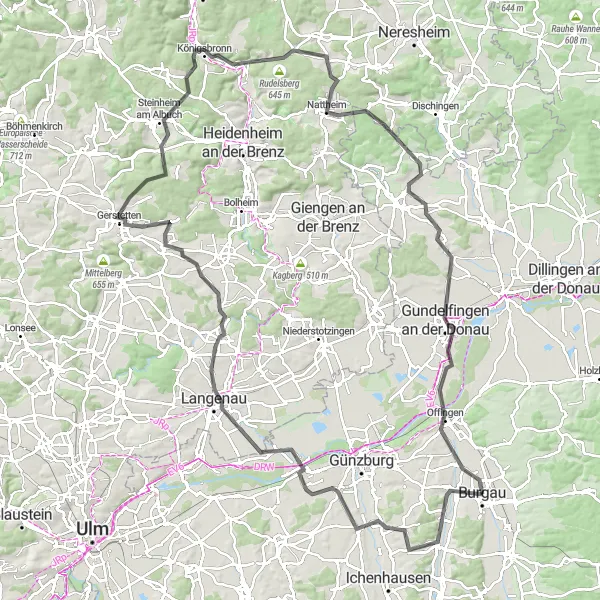 Map miniature of "Langenau Explorer" cycling inspiration in Schwaben, Germany. Generated by Tarmacs.app cycling route planner