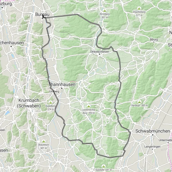Map miniature of "Uhlenberg Challenge" cycling inspiration in Schwaben, Germany. Generated by Tarmacs.app cycling route planner
