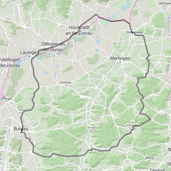 Map miniature of "Dillingen Road Circuit" cycling inspiration in Schwaben, Germany. Generated by Tarmacs.app cycling route planner