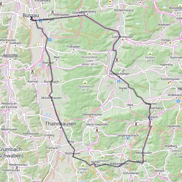 Map miniature of "Zusmarshausen Road Adventure" cycling inspiration in Schwaben, Germany. Generated by Tarmacs.app cycling route planner