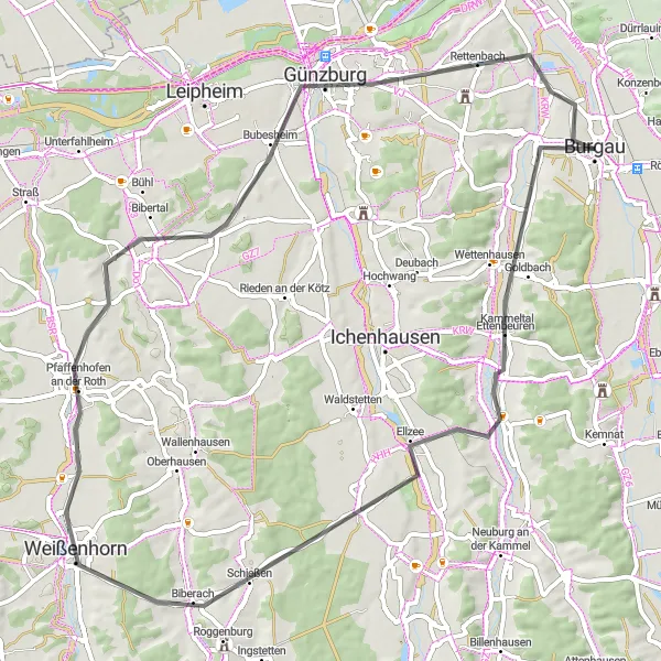Map miniature of "Burgau - Ellzee - Weißenhorn Loop" cycling inspiration in Schwaben, Germany. Generated by Tarmacs.app cycling route planner