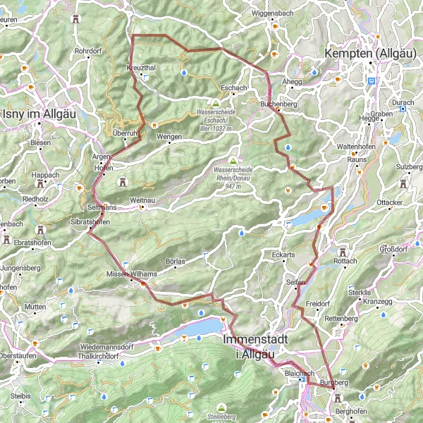 Map miniature of "Allgäu Gravel Adventure" cycling inspiration in Schwaben, Germany. Generated by Tarmacs.app cycling route planner