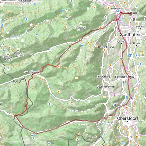 Karten-Miniaturansicht der Radinspiration "Herausfordernde Bergtour um Burgberg" in Schwaben, Germany. Erstellt vom Tarmacs.app-Routenplaner für Radtouren